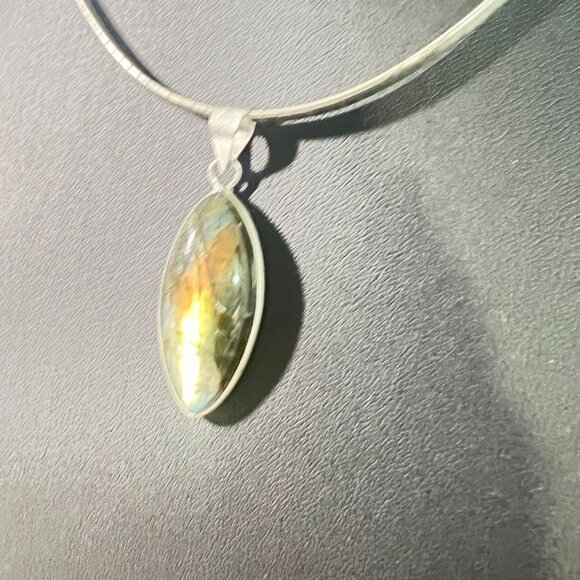 Oval Marquise Pendant Necklace 925 Sterling Silver Italian Herringbone Chain - Picture 2 of 5